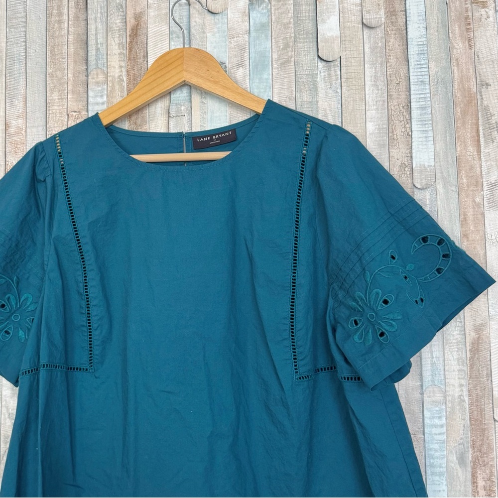 Lane Bryant 14 Teal Embroidered Eyelet Flutter Sleeve Popover Blouse Top Boho
